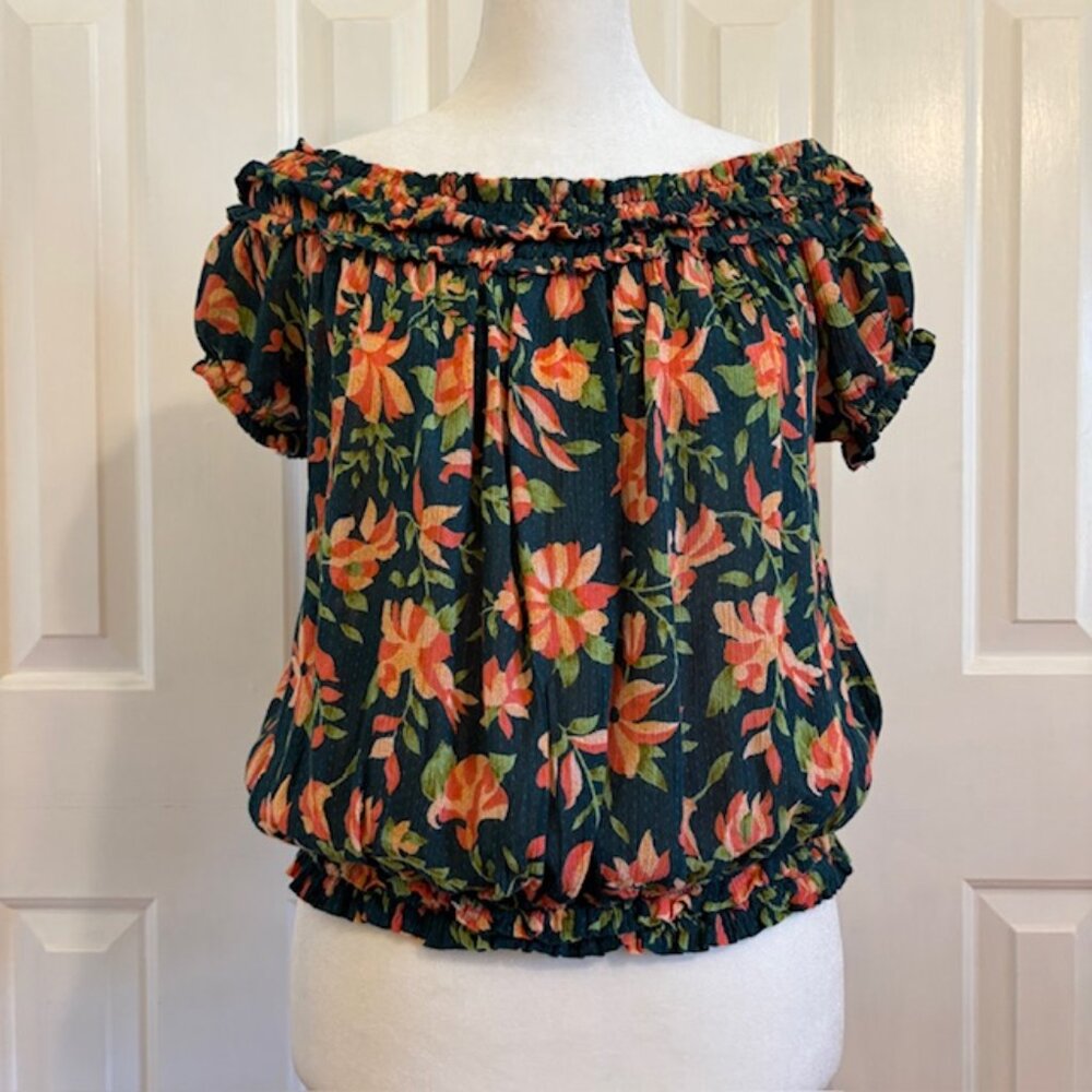 Free People One Suki Off-Shoulder Pink/Green Floral Smocked Top Size XS